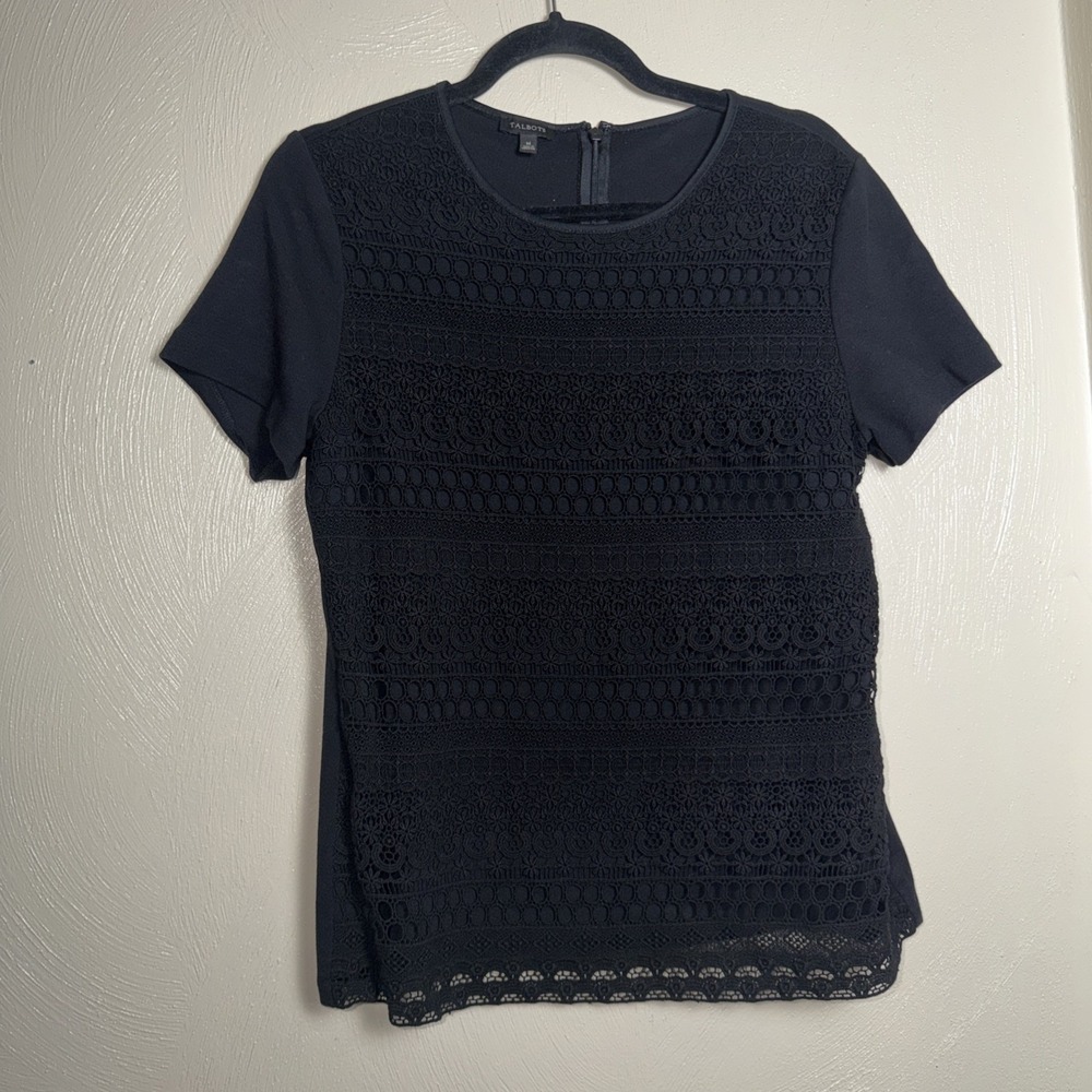 Talbots Women Top Shirt Black Crotchet Lace Sz M Dark Academia